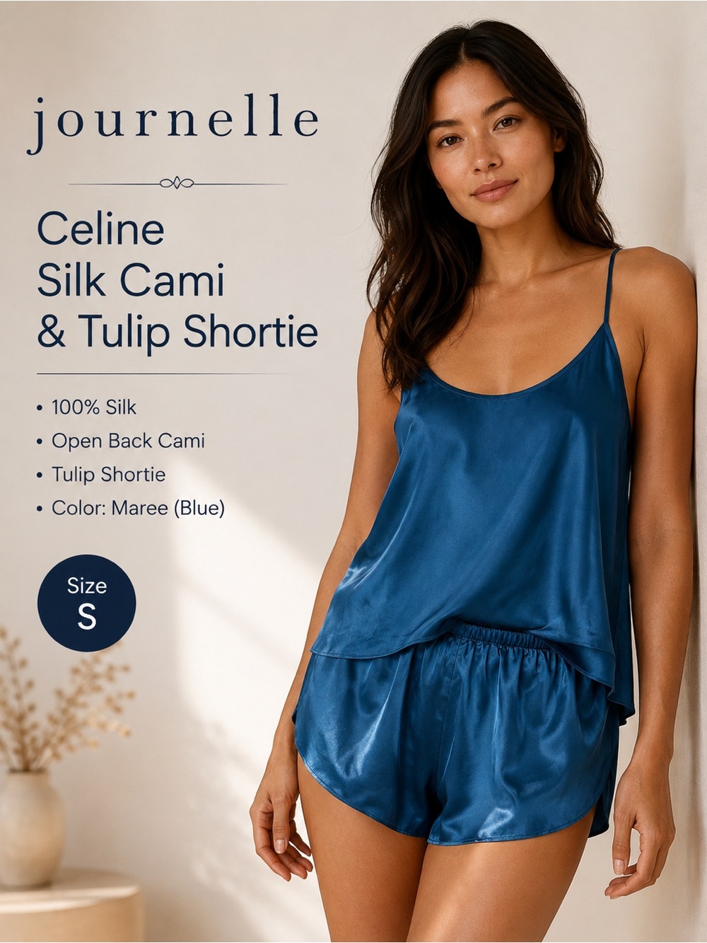 Journelle Celine 100% Silk Cami & Tulip Shortie Set Blue Size S NWT